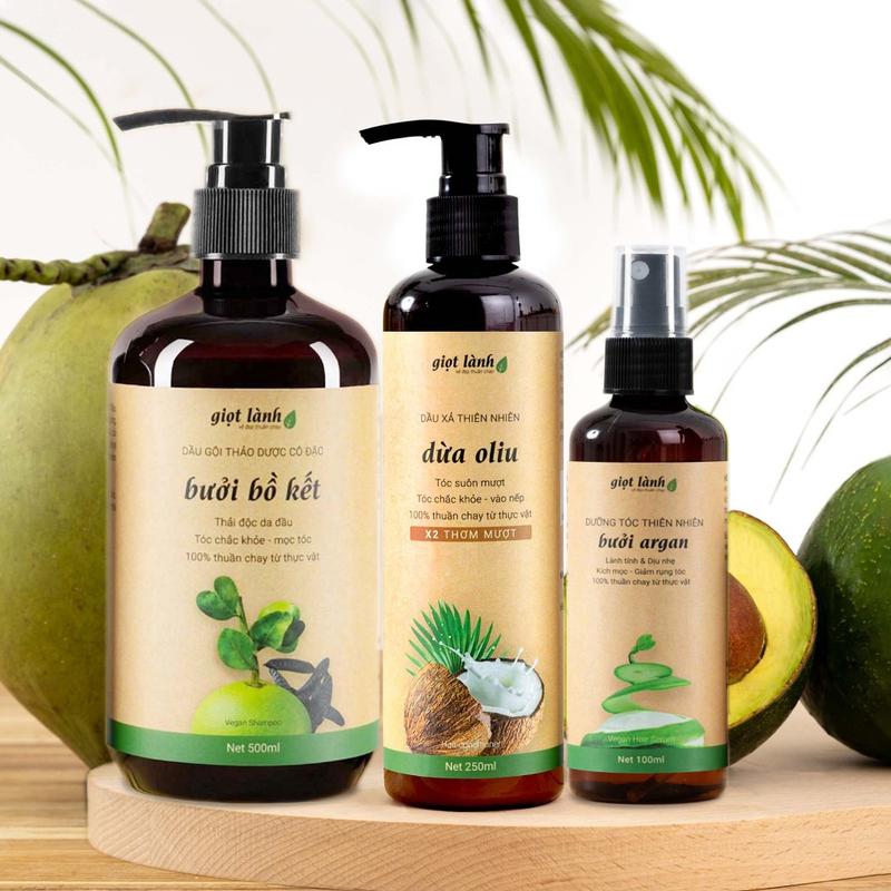 Combo Dầu gội & Dầu xả, Xịt dưỡng bưởi thuần chay chăm sóc tóc Giọt Lành
