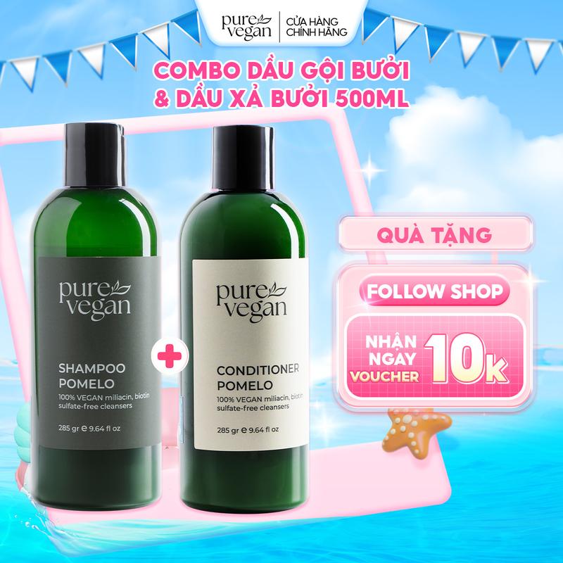Combo Dầu Gội & Dầu Xả Tinh Dầu Bưởi Pure Vegan Shampoo Pomelo Giúp Làm Sạch, Cấp Ẩm Da Đầu, Ngừa Tóc Bị Gãy Rụng (285g)