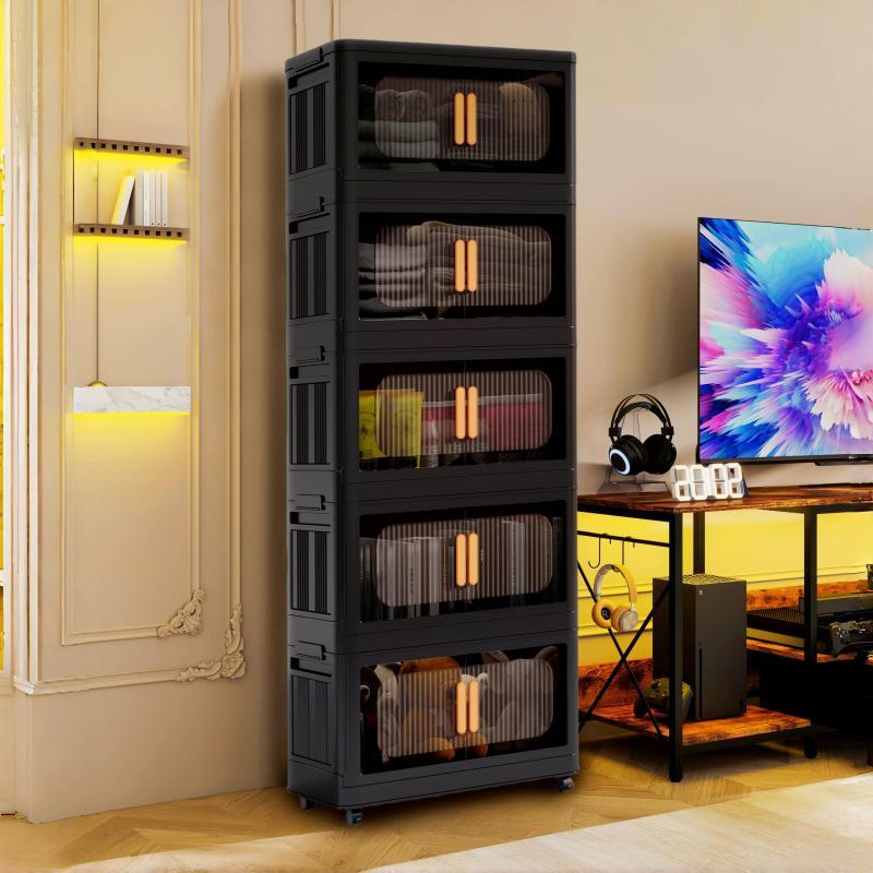 Black,5-Layer Foldable Storage Box with Wheels and Lid - Double
