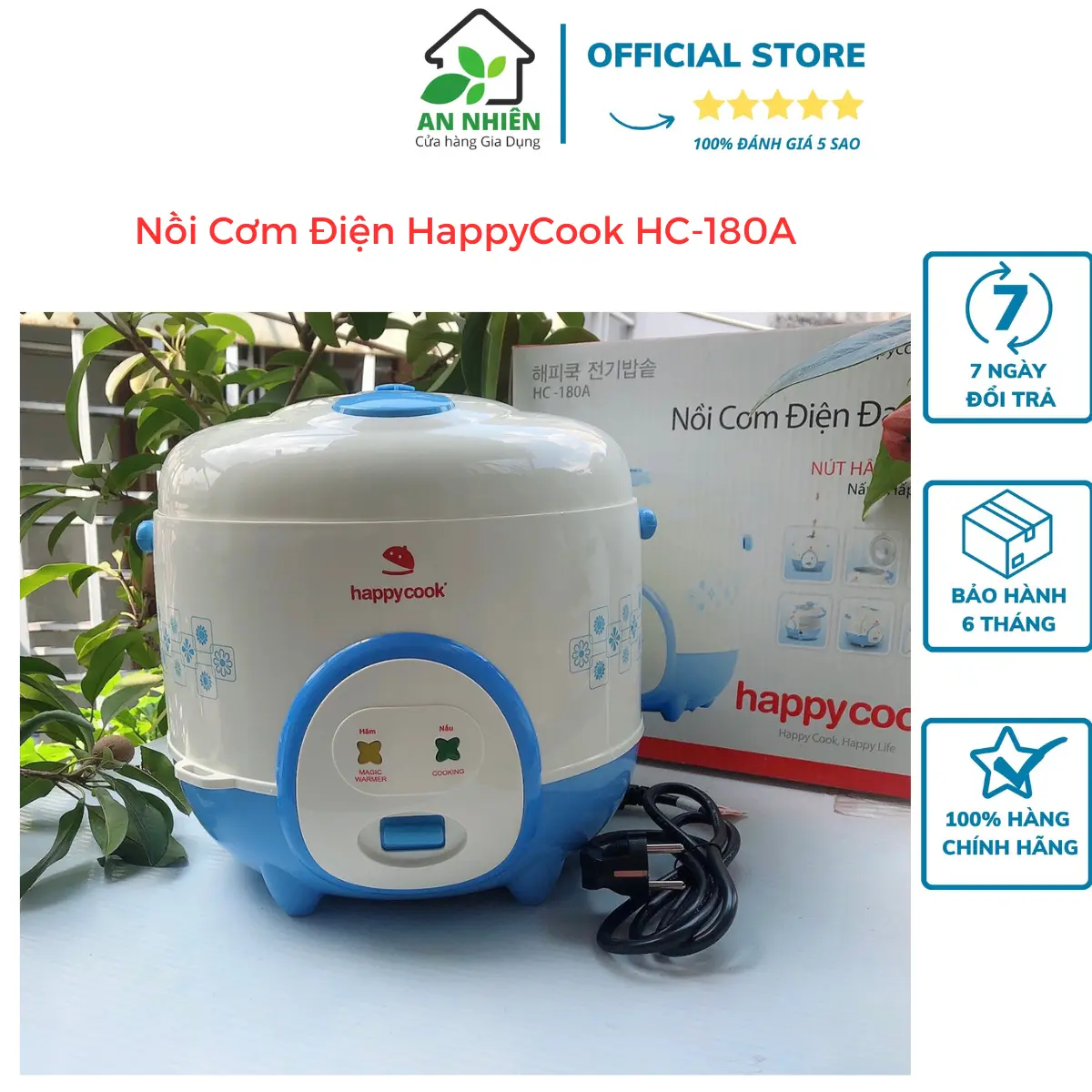 NỒI CƠM ĐIỆN HAPPYCOOK 180A-1,8L có 2 màu xanh và đỏ, Đi kèm 1 ly nhựa chia vạch, 1 muỗng nhựa, 1 xửng hấp, 1 phích cắm, Nồi trong bằng nhôm, Lỗ thông hơi có thể tháo rời.