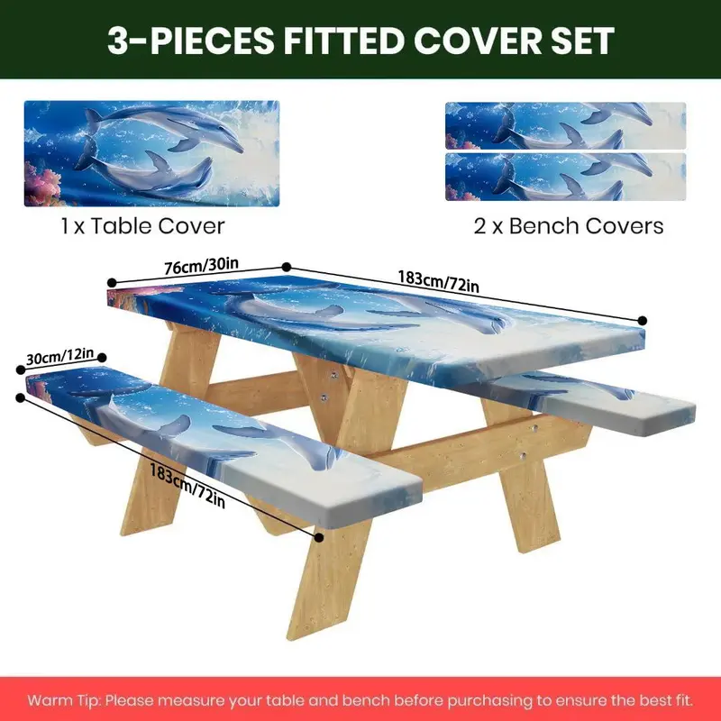 Dolphin Pattern Picnic Table Bench Set, Outdoor Use Table Bench Cover, Versatile Decoration for Picnics, Barbecues, and Park Gatherings 1