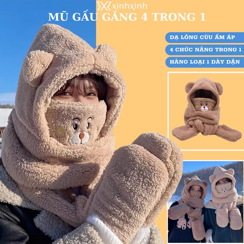  Mũ Gấu Găng Tay Khăn Kèm Khẩu Trang 4in1 Chất Liệu Lông Cừu Hai Lớp Ấm Áp Dễ Thương Phong Cách Hàn Quốc Phụ Kiện Hat 
