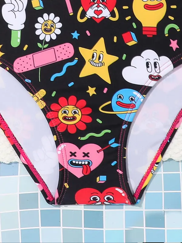 Two-piece Set Girl's Cartoon Print Criss Cross Bikini Set, Casual Adjustable Strap Cut Out Swim Top & Swim Bottom, Two-piece Set for Beach Holiday Vacation 4