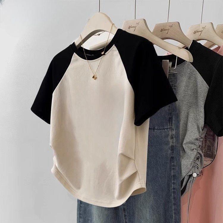 Áo Thun Ngắn Tay Raglan, Áo Ngắn Cổ Điển Mỹ Bất Đối Xứng Thiết Kế Dễ Phối Đồ Mùa Hè Dáng Ôm Xếp Ly Cho Nữ, 2024 Top Women Cổ Tròn 6