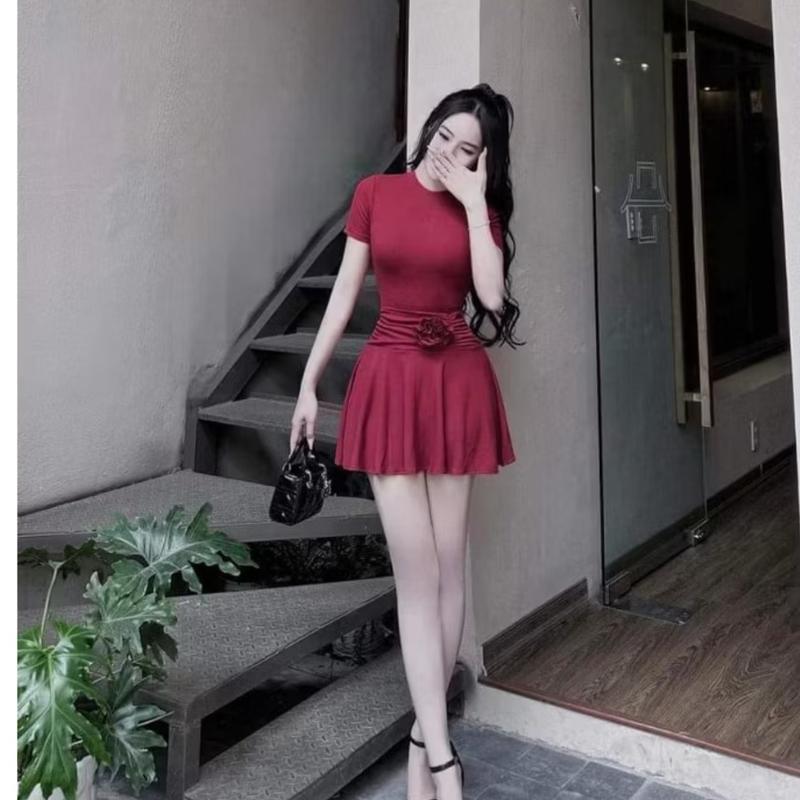 AA2c Đầm váy Xòe Tay Ngắn Cổ Tròn Eo May Bản To Nhún Đính Hoa  Ôm Body Sexy -Tiểu Thư Cute Sang Chảnh size dưới 53kg