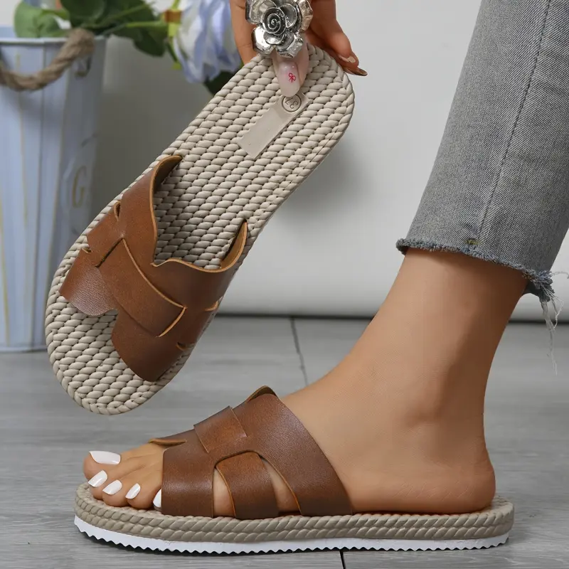 2025 New Women's Summer Slip-On Flat Sandals - Handmade Faux Cover Upper, Ultra-Soft EVA Cushioned Insole & Non-Slip Sole for Casual Outdoor Home Wear - Brown, Braided Shoe Design 7