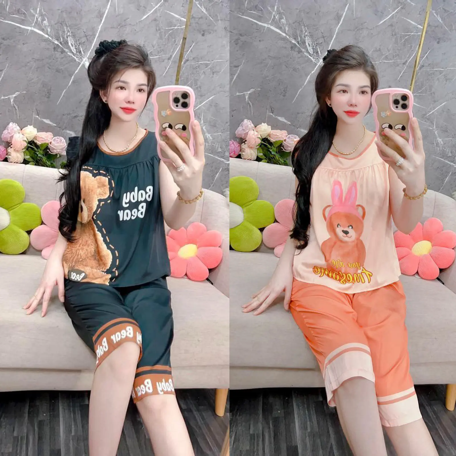(38-70kg) Đồ bộ ngủ dành cho nữ cổ tròn cánh tiên quần lửng lụa xước ánh kim 38-70kg
