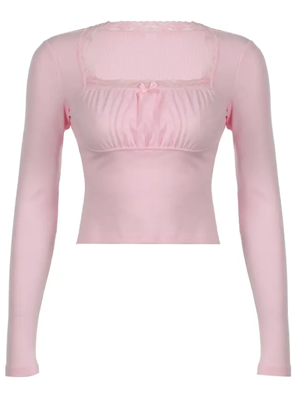 Women's Plain Contrast Lace Bow Decor Ruched Crop Tee, Sweet Square Neck Long Sleeve T-shirt for Daily Wear, Ladies Clothes for All Seasons 4