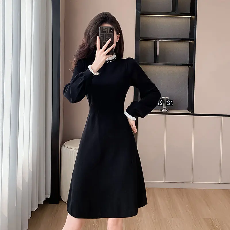 Váy Dệt Kim, Phong Cách Hepburn, Váy Đen Nhỏ Dành Cho Nữ, Thích Hợp Cho Mùa Thu Và Mùa Đông, Váy Len Mặc Trong Cao Cấp, Váy Len Mặc Trong Mỏng Women Dress Khuy Cổ Tròn 3