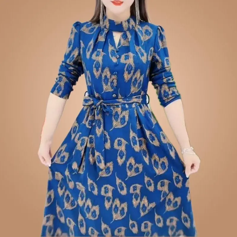 [Ladies Fashion] plus Size Women's Printed Long Sleeve Dress Spring and Autumn 2024 New High-End Temperament Small Mother Waist-Slimming Dress