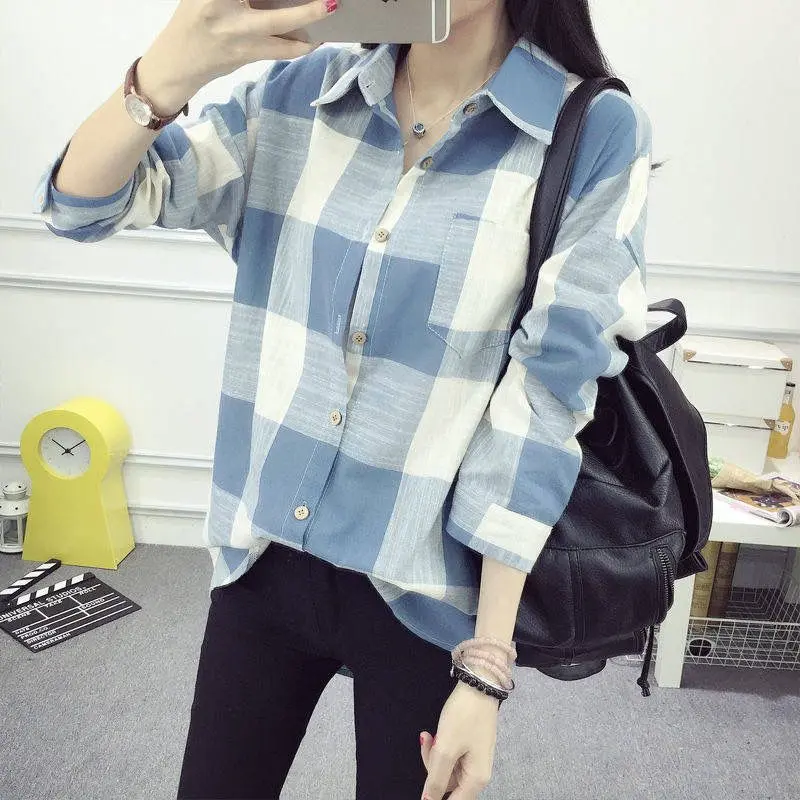 Plaid Shirt for Female Students High-End Spring and Autumn Long-Sleeved Shirt Loose plus Size Western Style Thin Coat Outerwear Top Trendy