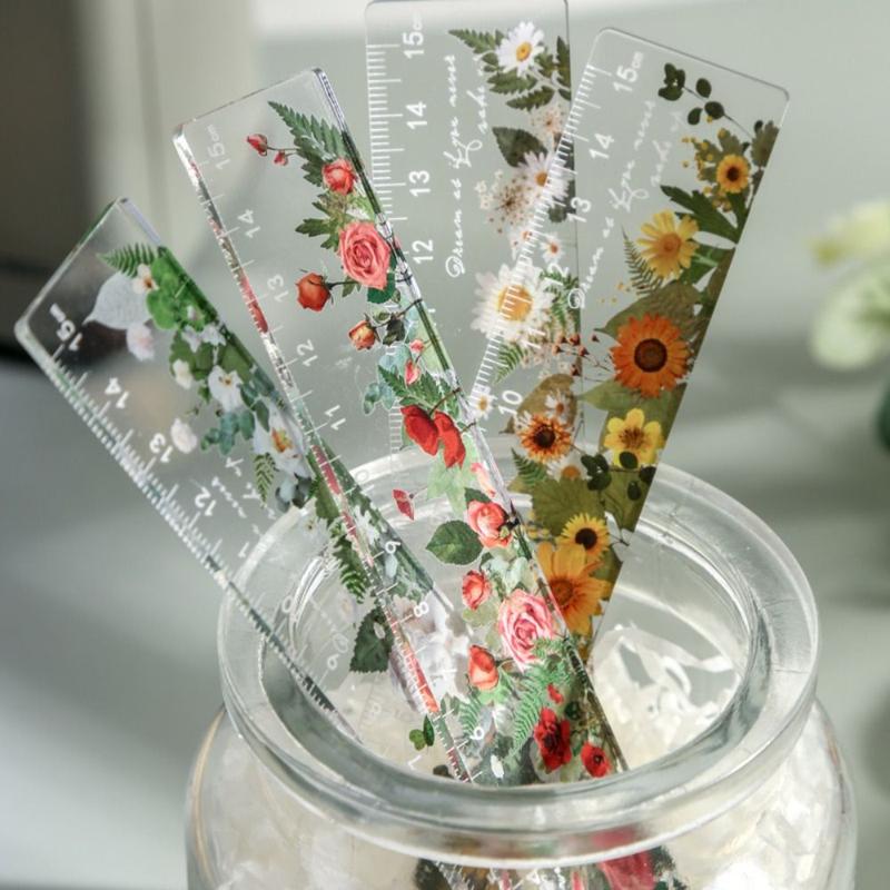 Multi-function 15cm Ruler Student Gift Plastic Straightedge Retro Flowers Pattern Stationery Drawing Tools School Office Supplies 6