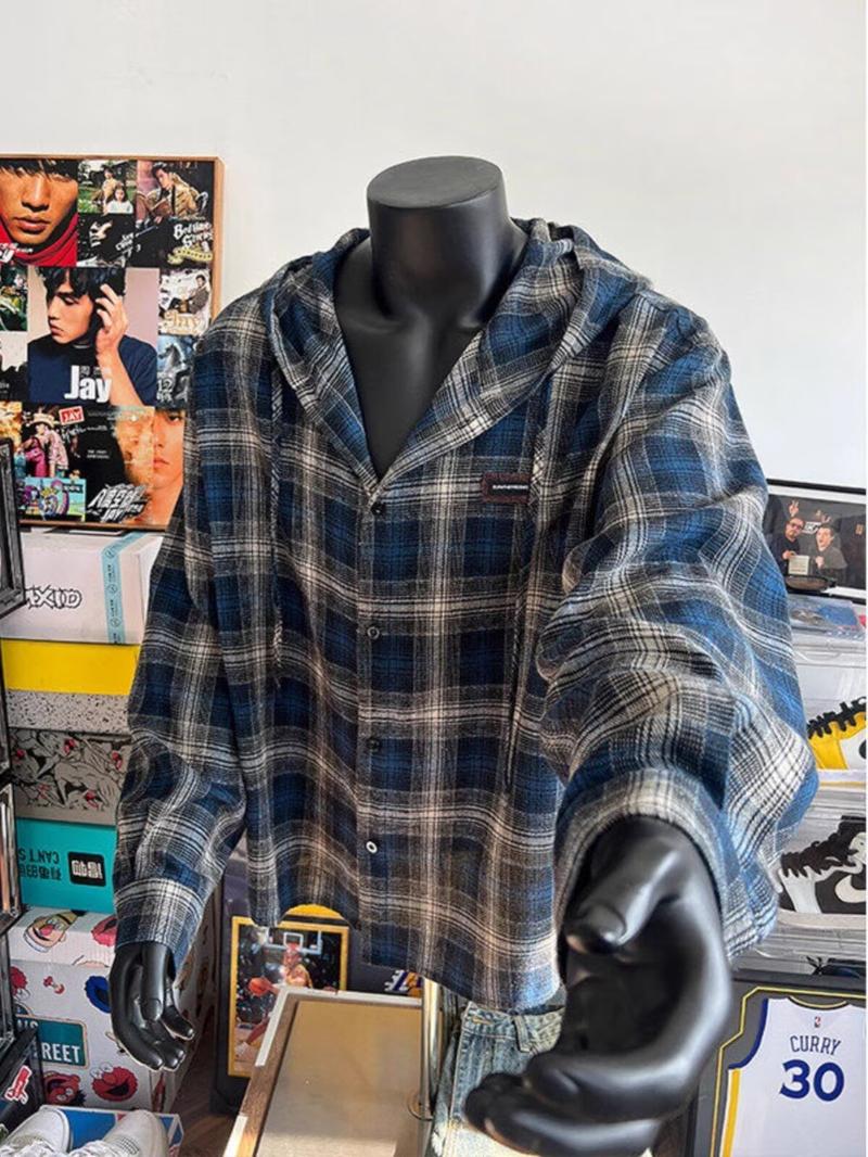 Product Introduction of Blue Gray Plaid Hooded Plaid Shirt Korean Vintage Long Sleeve Top Men's Loose Shirt 8