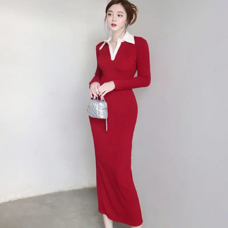 Đầm Nữ Cổ Trụ Phối Màu Tay Dài Chất Len Tăm Co Giãn KA11  Women 6