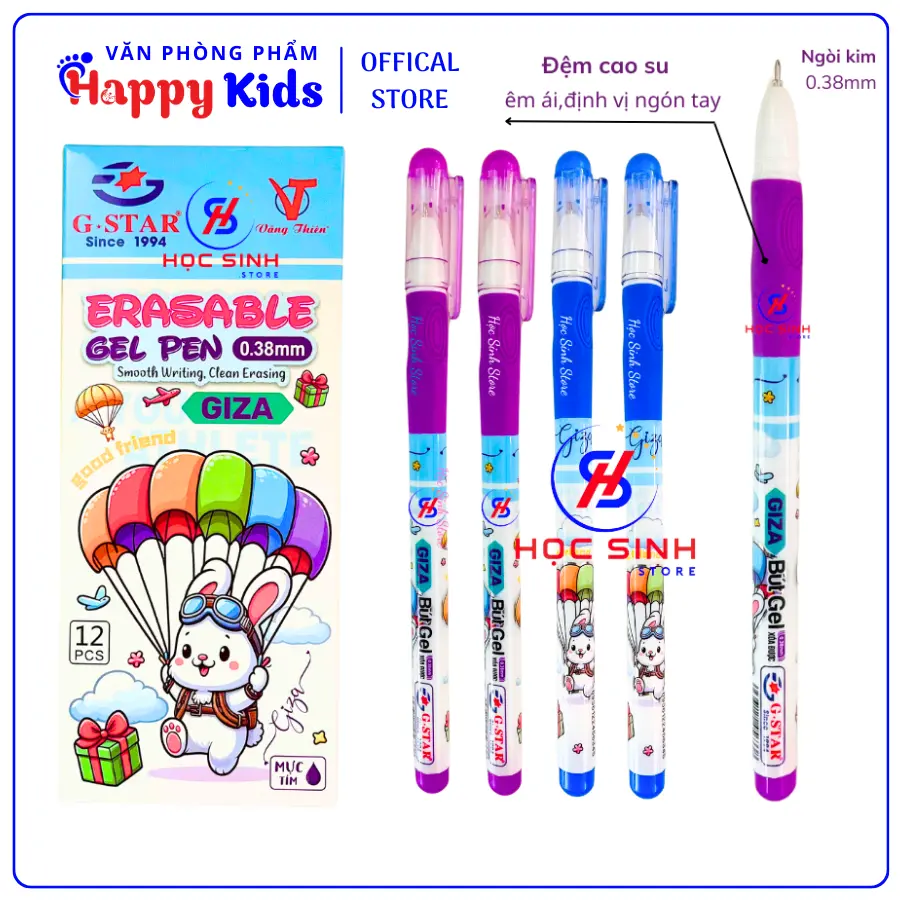 Hộp 12 Cây Xóa Được Ngòi Kim 0.38mm Giza Hiệu G-Star Mực Xanh/Tím - Dành Cho Học Sinh Tiểu Học, Nét  Nhỏ, Mực Đậm Xuống Đều Và Không Lem  Định Vị Tay Cho Bé - VPP Happy Kids - bút gel