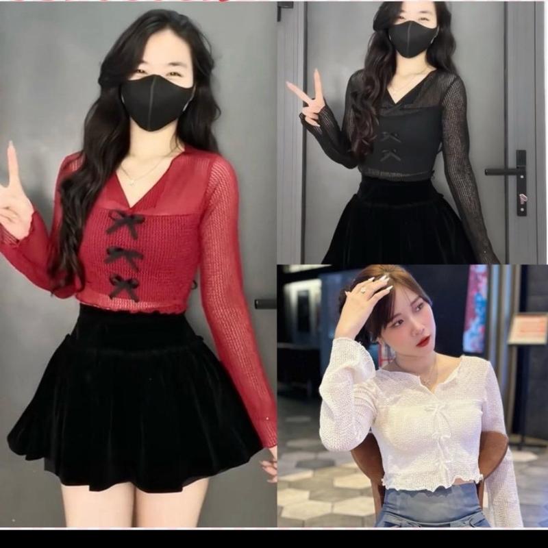 Áo Thun Lưới Nữ Tay Dài May 2 Lớp, Dáng Tiểu Thư . Đính 3 Nơ Trước Dễ Thương. Ôm Gọn Body Tôn Dáng Women Nuột Nà Nhung Top Voi Trắng