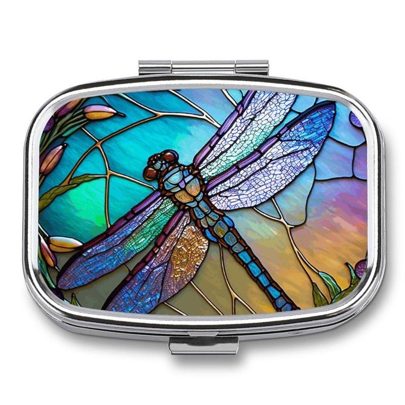 Dragonfly Pattern Pill Box, 1 Count 2 Compartment Portable Medicine Storage Box with Mirror,  Decorative Metal Medicine Vitamin Organizer for Pockets Purses Travel Office Dormitory 0