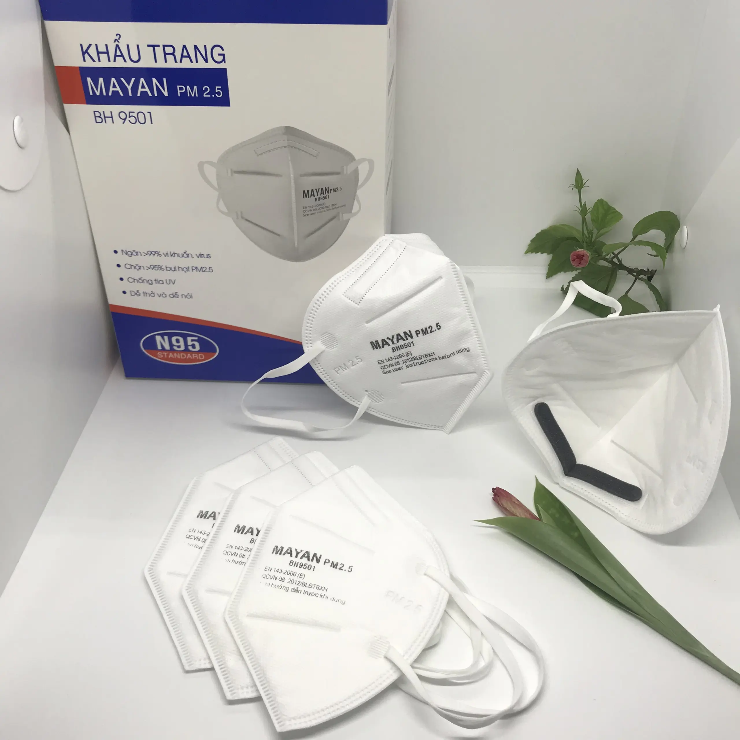 (Hộp 60 cái) Khẩu trang Mayan chính hãng PM2.5 BH9501 đệm mũi lọc kháng khuẩn than hoạt tính, Khẩu trang N95 BH9501V có van thở cao cấp (hộp 40 cái)