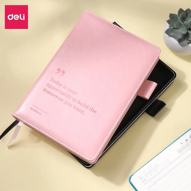 Sổ tay ghi chép A5 Bìa Da dày Deli - Màu Đen/Hồng/Xanh, 300 trang, 80gsm, Chống nước dành cho Học Sinh, Văn Phòng 7