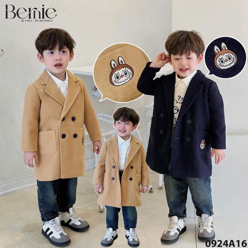 Áo măng tô dạ bé trai bé gái thêu LABUBU Bernie ấm áp - Áo khoác bé trai bé gái 9-25kg - 0924A16