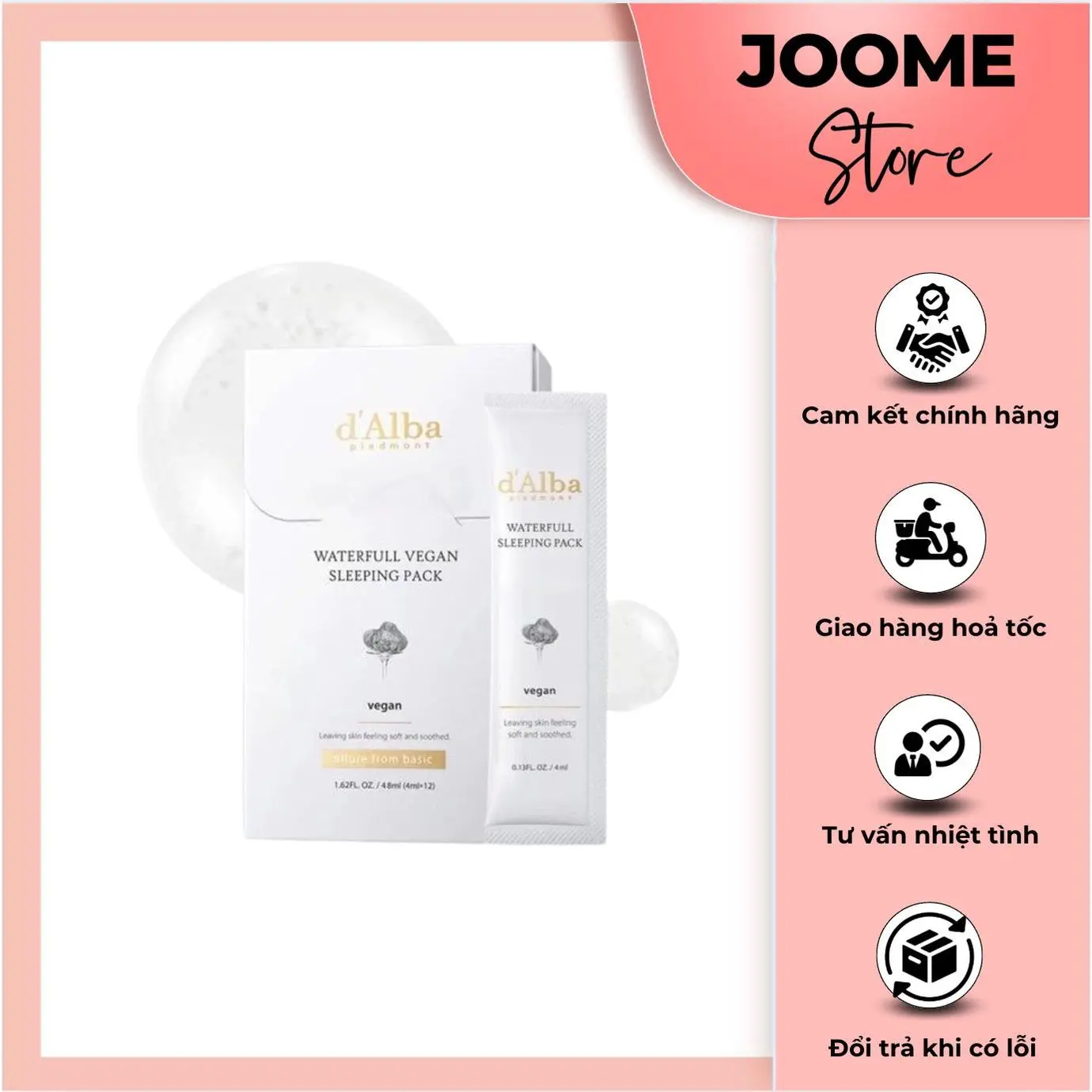 ￼Mặt nạ ngủ dAlba cấp ẩm sáng da Waterfull Vegan Sleeping Pack hộp 12 gói ( Joome )