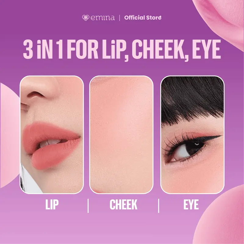 NEW! Emina Bouncy Tint 3 in 1 Lip, Cheek, & Eye - Blurry Lip Color, Lasting Stain, dilengkapi dengan SPF 15 PA+++, Marshmallow Mochi Pudding Longlasting Blush On Lip Tint Eye Shadow 3