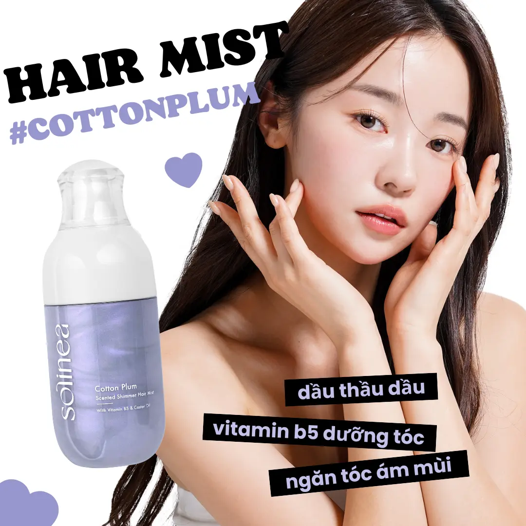 Cotton Soline Plum Tím nước hoa tóc xịt dưỡng có nhũ Chứa vitamin B5 + Dầu Thầu dầu hương mận và hoa thanh khiết 100ml (for Silky and soft hair)