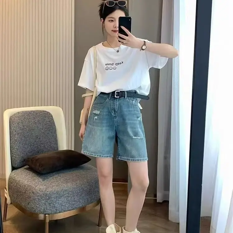 Quần Short Denim Rách Mỏng Mùa Hè, Dành Cho Nữ, Ngoại Cỡ, Thích Hợp Cho MM Béo, Cạp Cao, Chữ A, Chân Rộng