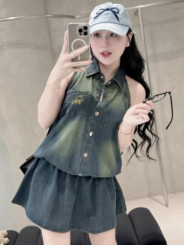 Sét Bộ Jeans Áo Sát Nách Cổ Yếm Thêu Nơ Phong Cách Trẻ Trung Cho Nữ - Chất Bò Mềm FreeSize Từ 40kg đến 57kg Huyền Shop Women Top thanh lịch dây kéo