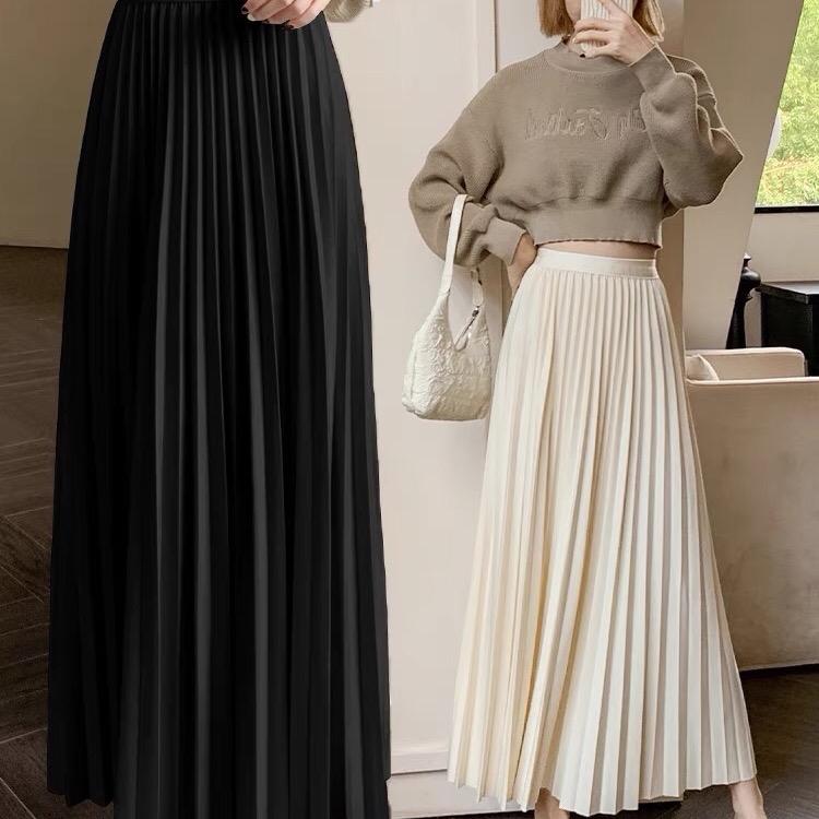 [V008] Chân váy xếp ly dáng dài cạp chun, chất vải dày dặn  Bo Chun Women Đen