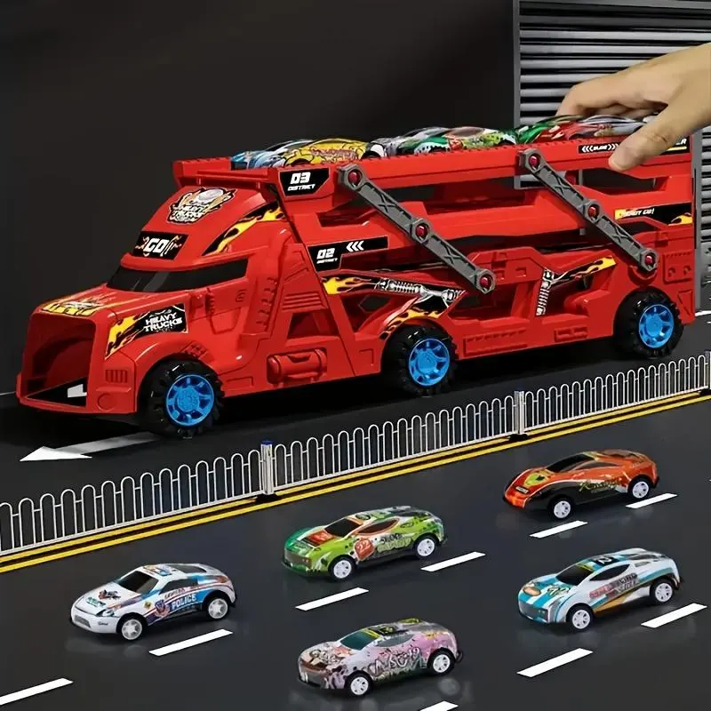Transformer Ejection Truck Toy Set, 1 Set Foldable Transport Truck Toy Including 6 Counts Small Car Toy, Model Toy for Boys & Girls 2