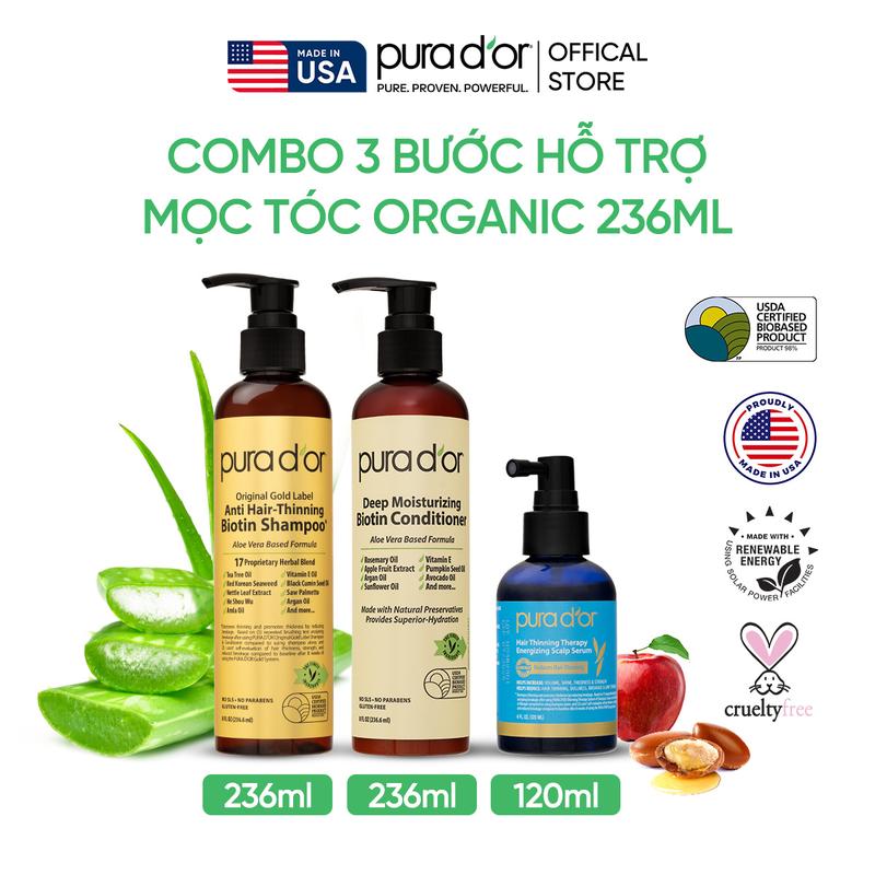 Combo 3 Bước Dầu Gội, Dầu Xả, Giảm Rụng Tóc Organic Pura D'or Biotin Gold Label 236ML/473ML | Chăm Sóc Tóc, Chăm Sóc Da Đầu, Dưỡng Tóc, Hỗ Trợ Mọc Tóc - Mega livestream