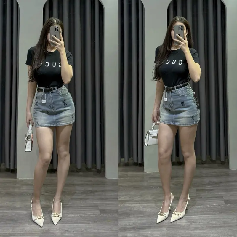 [N602 - Váy] Chân váy Jean thêu túi nơ đen có lót quần đùi chất vải QC mềm màu xanh bụi dài 37cm