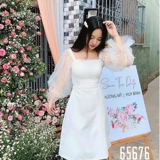 VÁY TIỂU THƯ DÁNG XOÈ CỔ VUÔNG PHỐI TAY VOAN ĐÍNH NGỌC BO TAY SIEU HOT TIEM1989 Nữ Dress Women Nữ Dress Nữ Dress