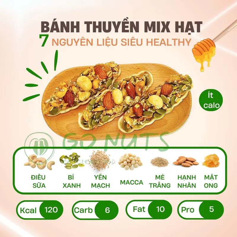 Bánh thuyền mix hạt GO NUTS có Macca không đường tạo ngọt bằng mật ong, bánh hạt mix ngũ cốc dinh dưỡng 2