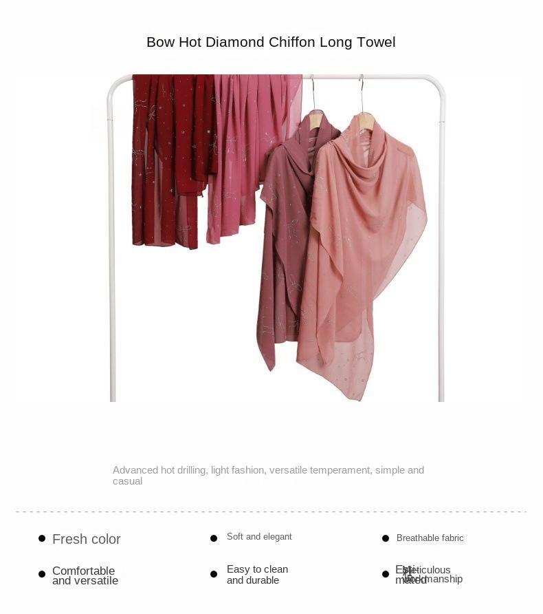 Product Introduction of High-End Heavy Craft Bowknot Rhinestone Solid Color Chiffon Long Scarf Full Rhinestone Shawl Headscarf Cape Scarf Silk Scarf for Women 0