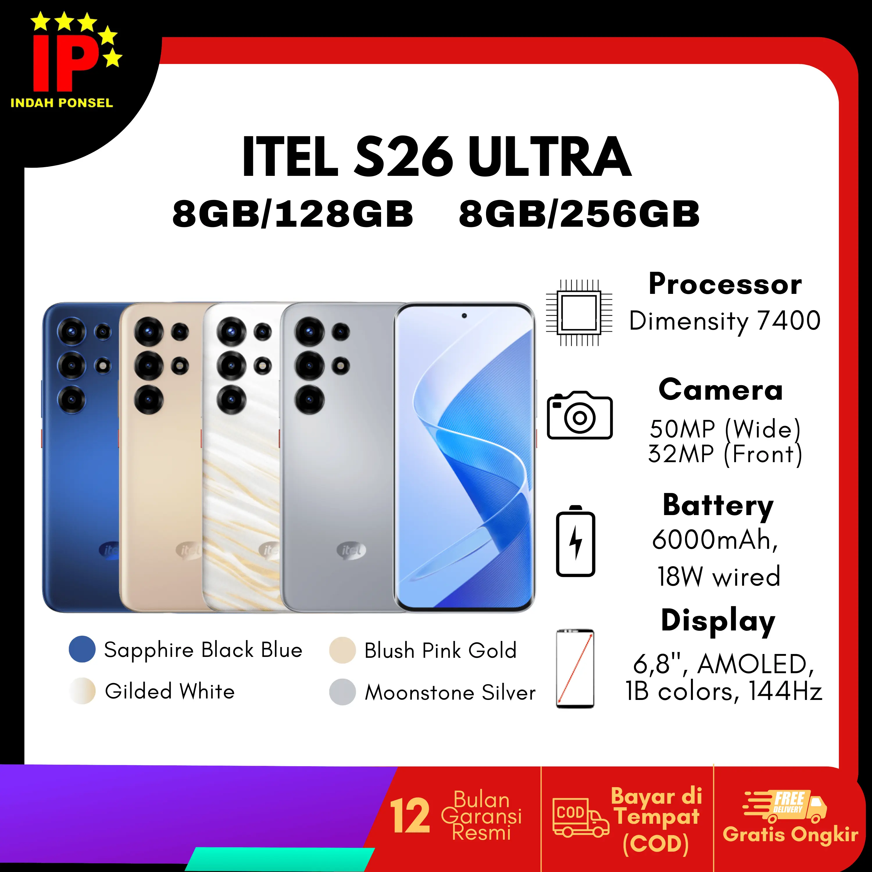Itel S26 Ultra Ram 8GB/128GB 8GB/256GB - 144Hz 1.5K 3D-Curved AMOLED Display - Garansi Resmi