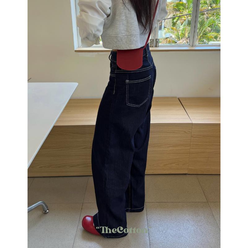 Quần Jeans Nữ Ống Suông Rộng Trơn Basic Chỉ Nổi Không Phai Mềm Mịn TheCotton Quần Bò Xanh Chì Đậm 7
