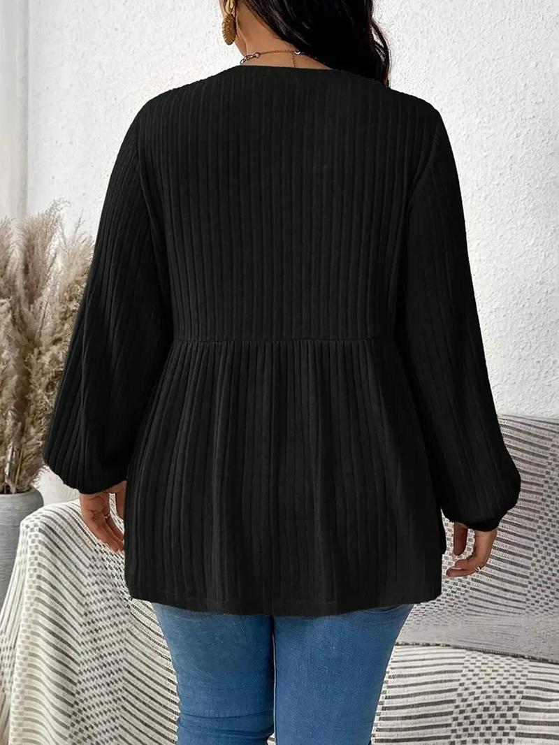 Product Introduction of 【Plus Size】Solid Color Ribbed T-shirts, Casual Long Sleeve Round Neck Top for Daily Wear, Women's Plus Clothing for All Seasons 5