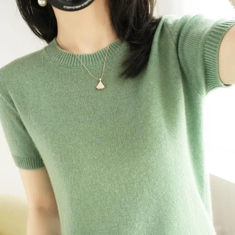 Áo Thun Dệt Kim, Cổ Tròn, Áo Chui Đầu Ngắn, Áo Len Tay Lửng Dáng Rộng, Ngoại Cỡ, ngắn Tay, Thích Hợp Cho Mùa Xuân Và Mùa Hè, Hàng Mới Về Năm 2024, Áo Lớp Nền
