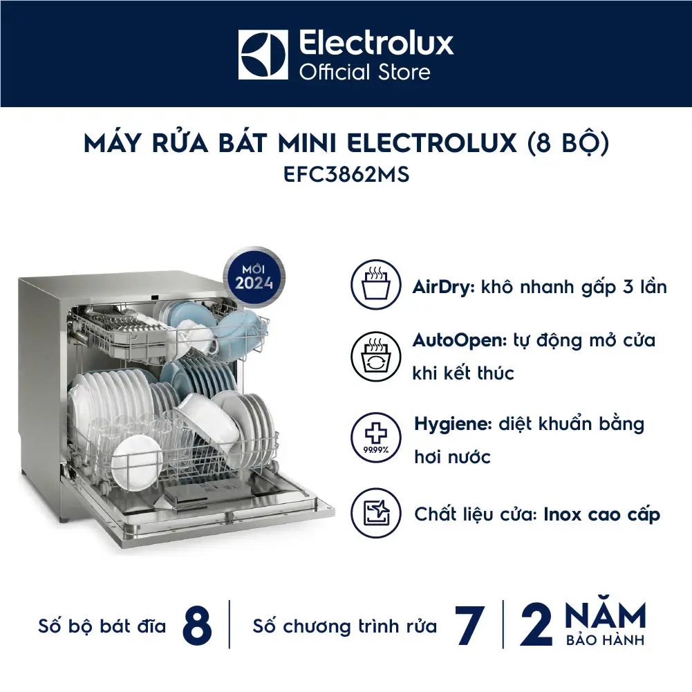 [MỚI] Máy Rửa Bát Mini Electrolux 8 bộ EFC3862MS Tự động mở cửa, diệt khuẩn bằng hơi nước, Giao Lắp 0Đ