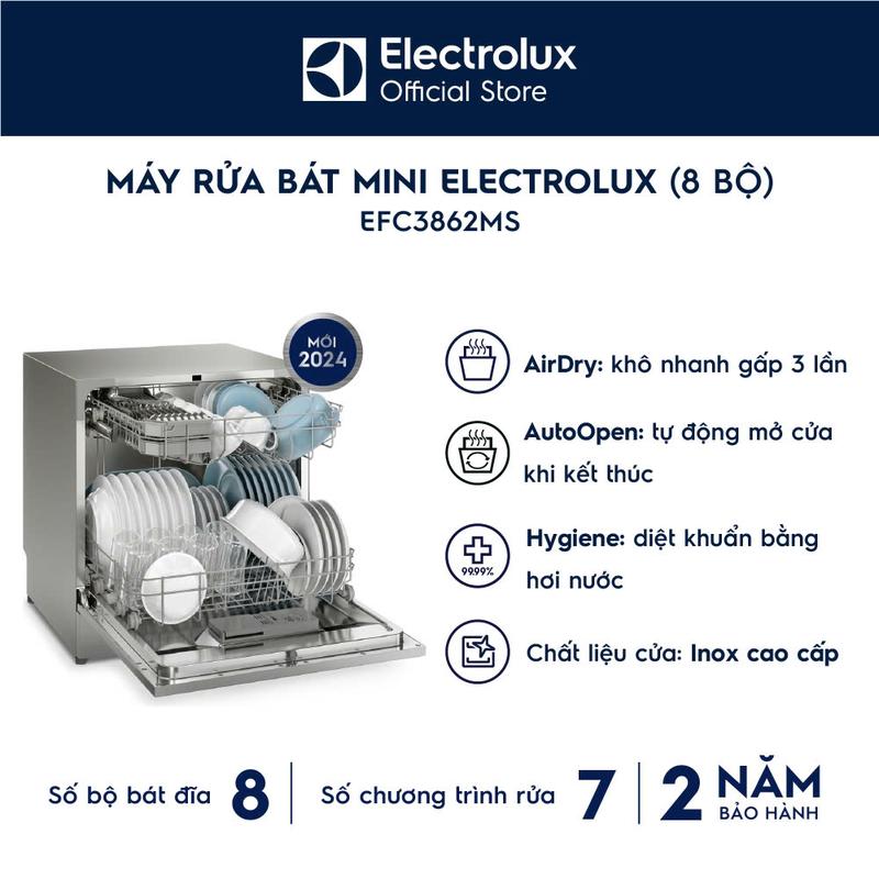 Máy Rửa Bát Mini Electrolux 8 bộ EFC3862MS Tự động mở cửa diệt khuẩn bằng hơi nước - Giao Lắp 0Đ