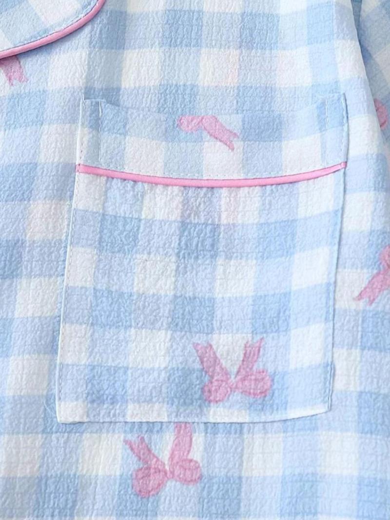 Product Introduction of Women's Bow Print Shirt & Elastic Waist Shorts Pyjama Two-piece Set, Casual Comfy Short Sleeve Collared Top & Shorts Set, Ladies Summer Sleepwear 7