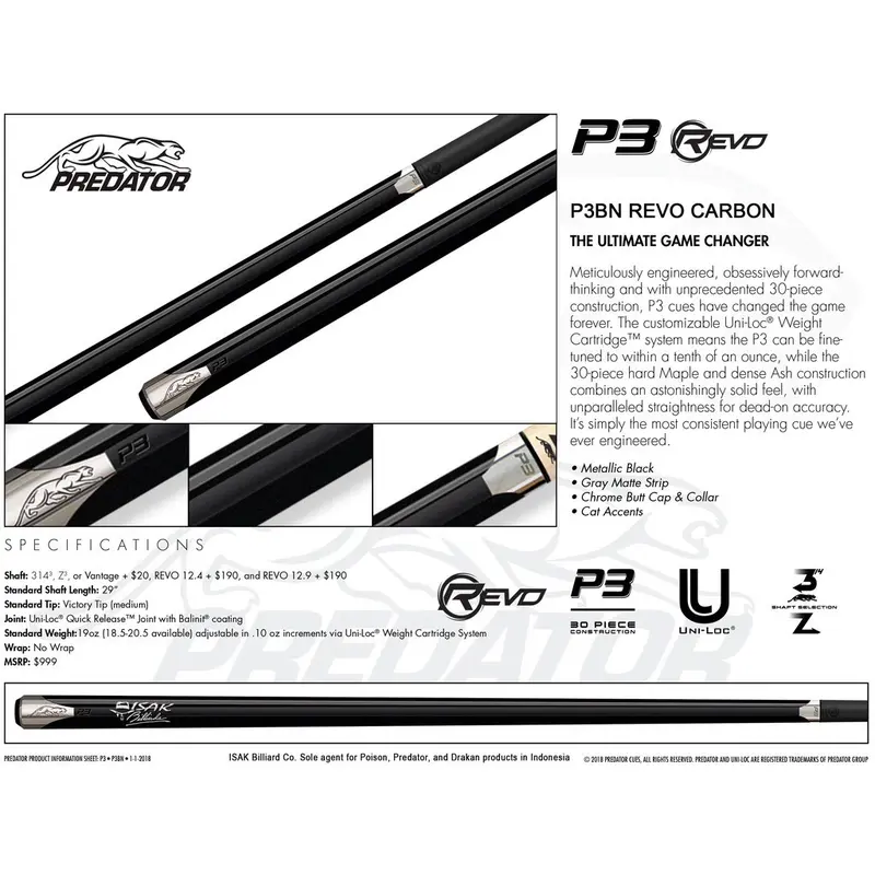 PEROMO DISKON SPESIAL Predator P3BN Revo - Carbon Shaft Uniloc low Deflection Billiard Cue Stick Stik Biliar 3