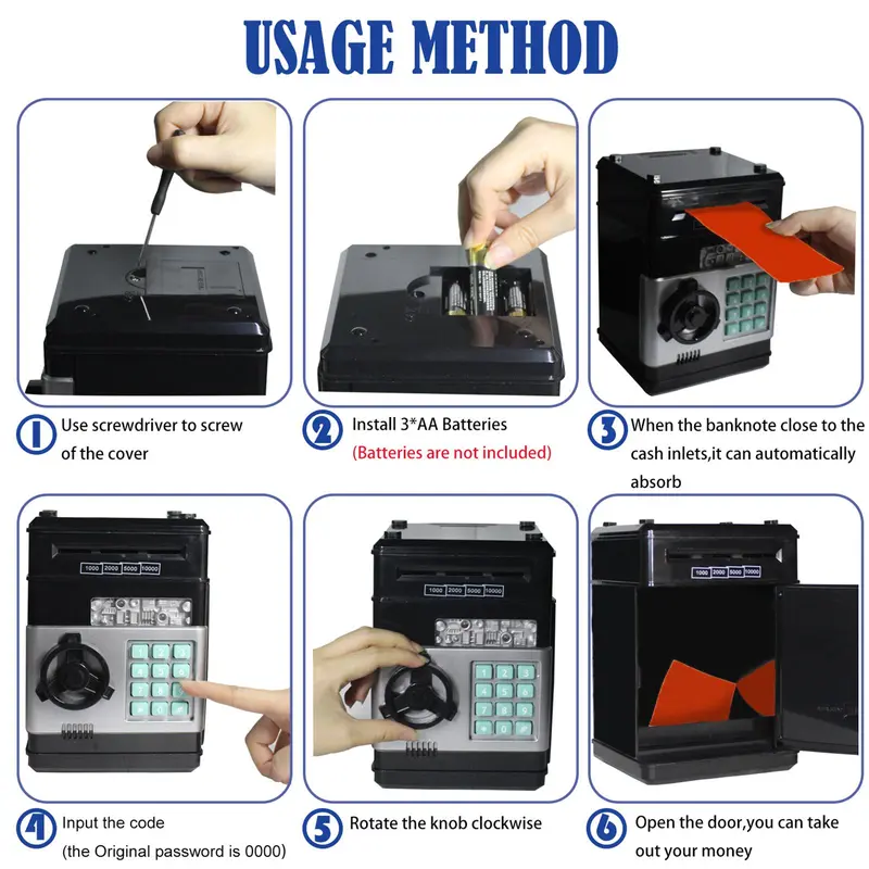 Cash & Coin Saving Box, Kids Password Electronic Money Box Toys Without Battery, Automatic Safe Coin & Cash Deposit Boxes 6
