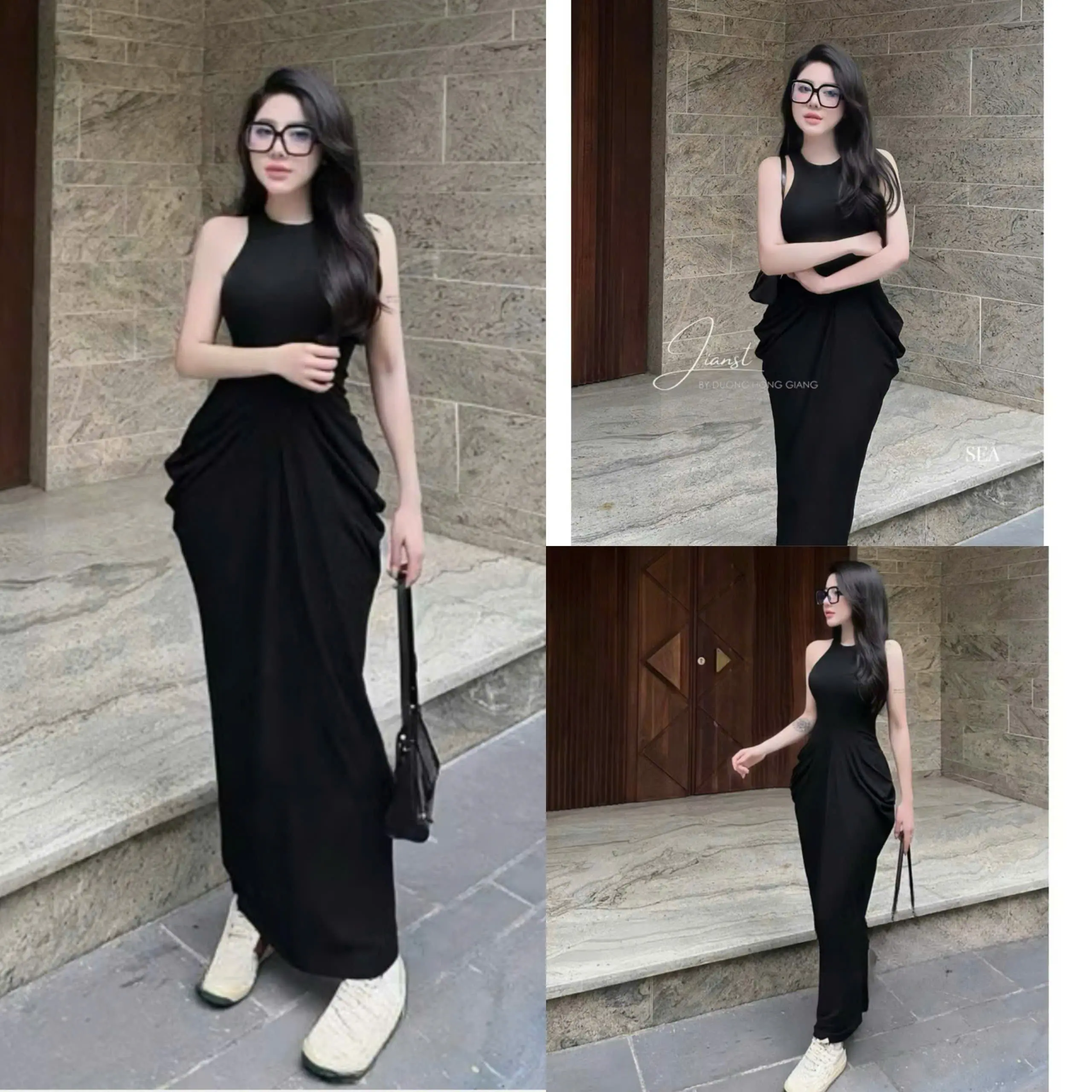 Váy body maxi cổ yếm nhún hông co dãn - Bông xinhne