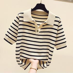 Loose Polo Collar Striped Ice Silk Knitted Short Sleeve T-Shirt for Women 2025 Summer Button Top for Women