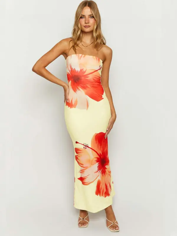 Women's Floral Print Backless Bodycon Dress, Slim Fit Lady Boho Casual Strapless Long Dress for Summer, Sundress Maxi Dress, Dresses for Women, Fashion Women's Clothing for Beach Holiday Party, Summer Dresses 2025, Womenswear, Summer Clothes Women 2
