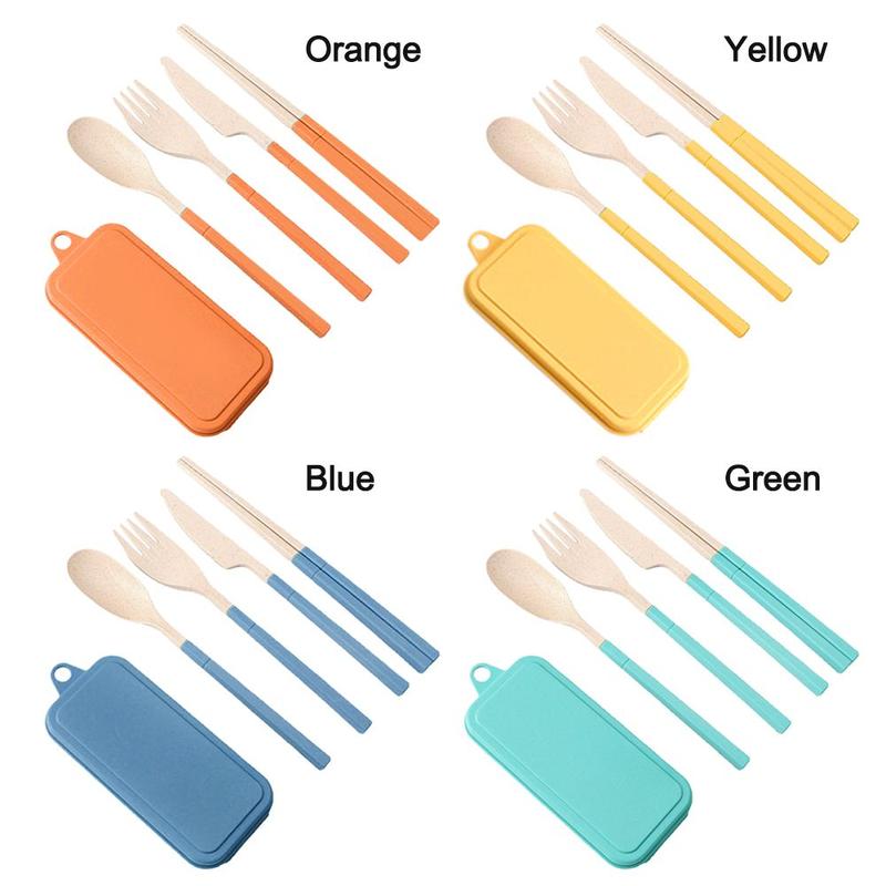 Wheat Straw 4PCS Chopsticks Set Spoon Utensil Box Tableware Dinnerware Set Fork Cutlery Set 2