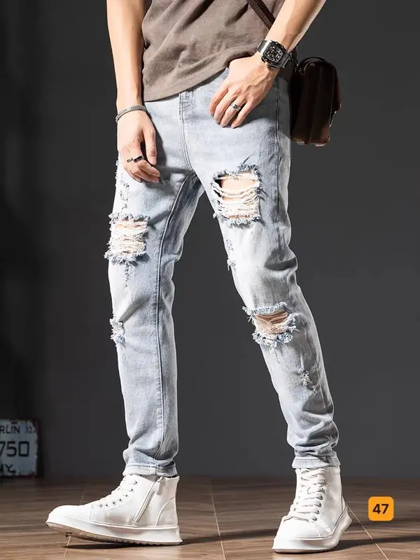 QJ 47 Quần jean nam màu xanh kiểu rách trẻ trung thoáng mát Fashion 24H QJ47 Menswear Có Túi Tre 4
